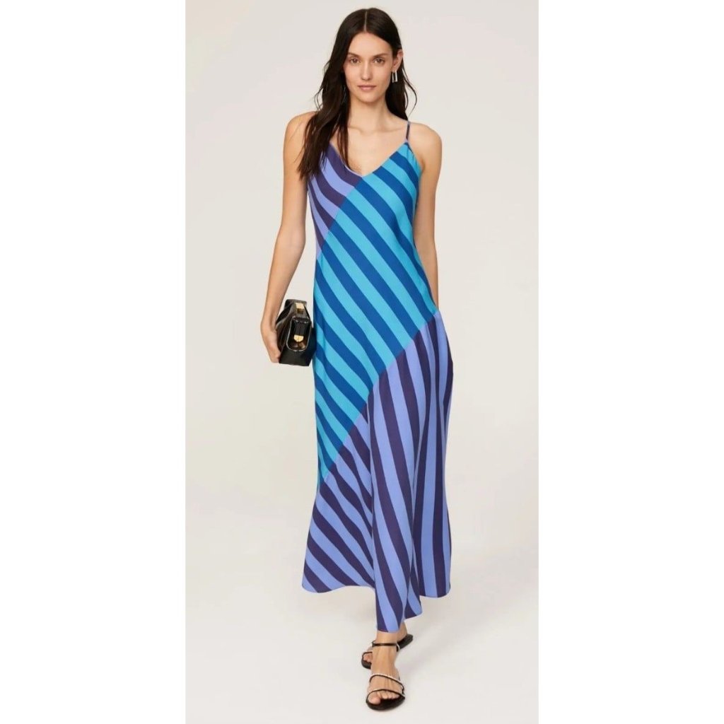 Rtr Sz 8 Saunders Blue Stripe Slip Vneck Strappy Asymmetrical Striped Midi Dress